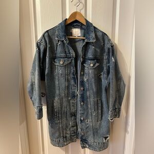 Zara Distressed Long Blue Denim Jean Jacket